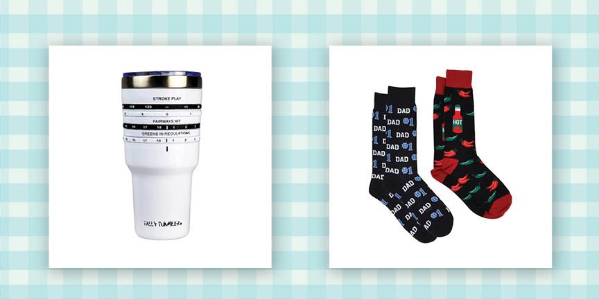 white tumbler and socks that say 1 dad and have chili peppers on them