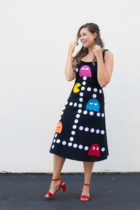 black dress adorned with felt pacman characters and felt dots resembling power cookies for last minute halloween costume