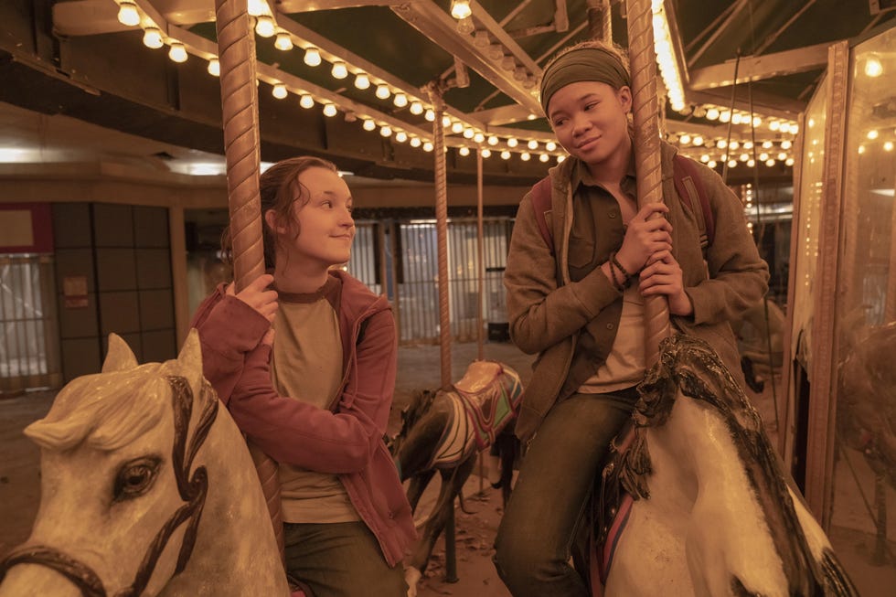 ellie, played by bella ramsey, and riley, played by storm reid, in a scene from the last of us season 1 episode 7