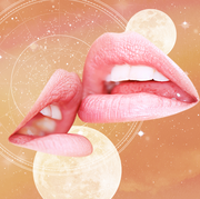 two lips lightly touch each other over a background of an orange starry sky with two moons