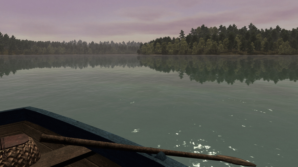 Op dit screenshot uit Walden A Game is de rand van een boot te zien die over Walden Pond vaart Ontwikkelaars werkten samen met experts uit de omgeving om te zorgen dat de details in de videogame levensecht zijn