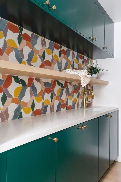 colorful mosaic tile backsplash in laundry room