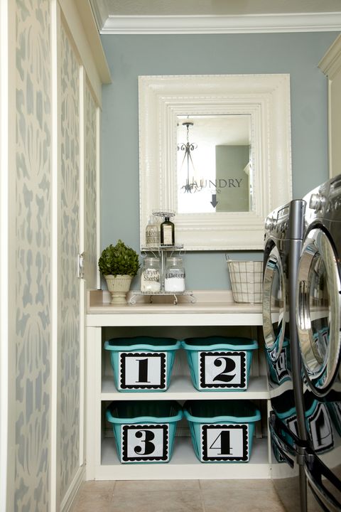 laundry room ideas, numbered laundry room storage baskets