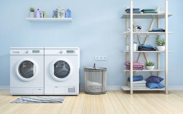 laundry room with blue wall,basket,flowers and shelving 3d illustration