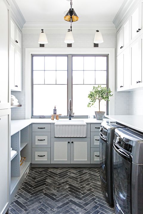 blue and gray laundry room
