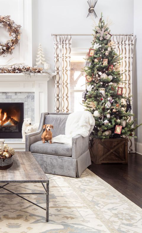 Living room, Christmas tree, Christmas decoration, Room, White, Furniture, Floor, Interior design, Home, Tree, 