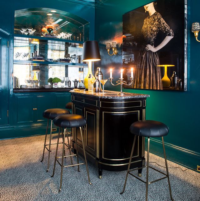 home bar with glossy teal walls