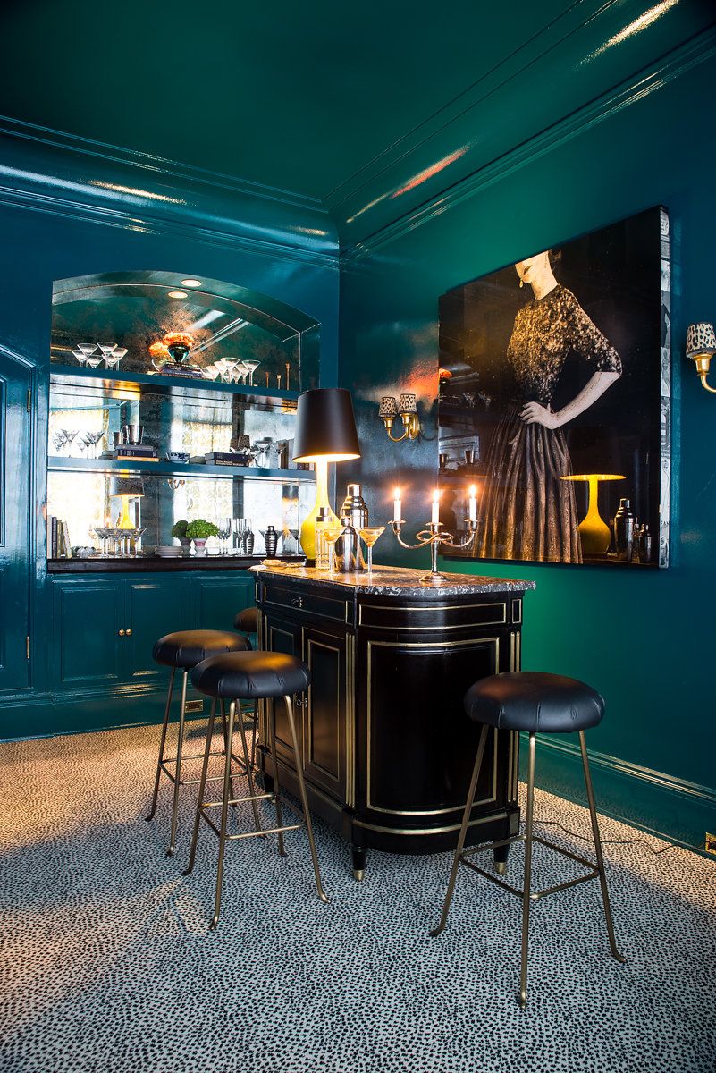 home bar with glossy teal walls