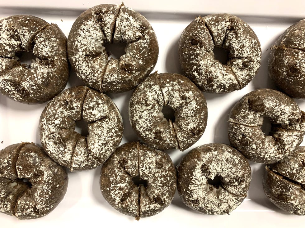 Bagel, Doughnut, Cider doughnut, Food, Silver, Metal, Cuisine, Baked goods, 