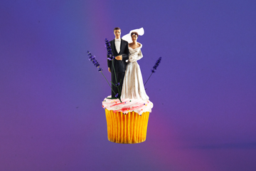 a bride and groom wedding topper on a pink frosted cupcake displayed against a solid purple background