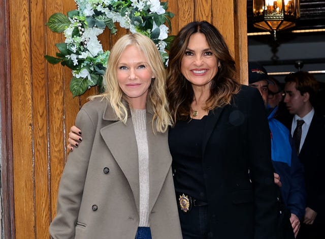 kelli giddish and mariska hargitay are seen on the set of law order special victims unit on april 02, 2024 in new york city