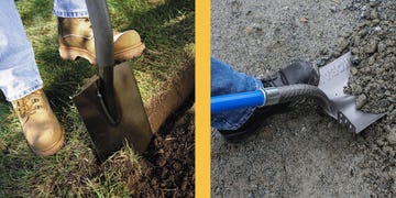 digging in grass and gravel with shovel