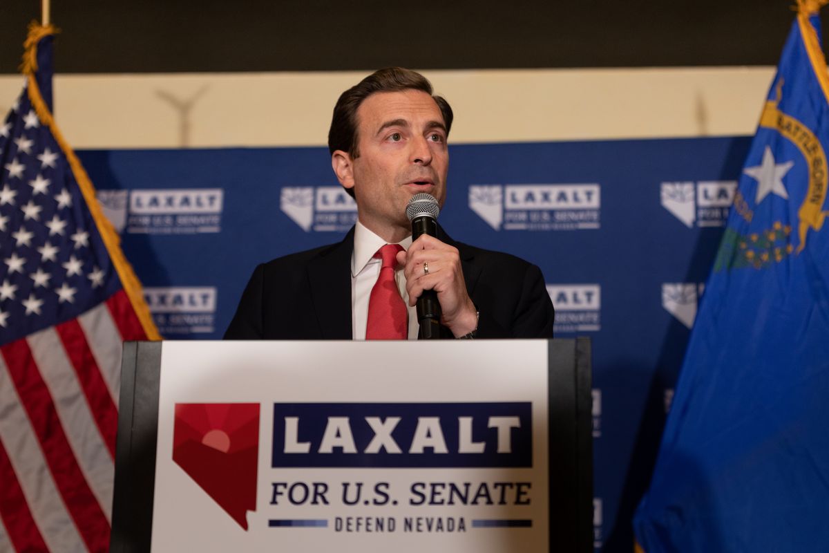 reno, nv   june 14 adam laxalt speaks to a crowd at an election night event on june 14, 2022 in reno, nevada the nevada primary is attracting national attention as republican senate candidates prepare to challenge incumbent us sen catherine cortez masto d nv in november photo by trevor bexongetty images
