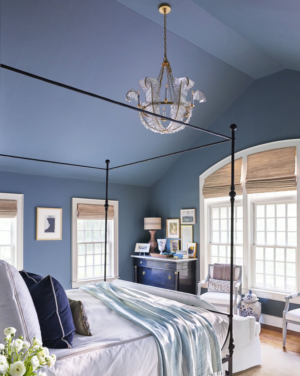 bedroom, furniture, ceiling, bed, room, interior design, bed frame, property, blue, chandelier,