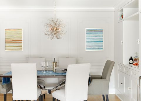 Room, Dining room, White, Furniture, Interior design, Property, Ceiling, Table, Wall, Lighting, 