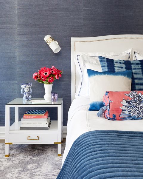 Blue, Furniture, Bedroom, Room, Red, Nightstand, Interior design, Table, Cushion, Textile, 