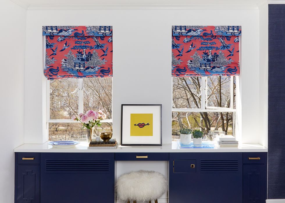 Blue, Room, Furniture, Wall, Interior design, Table, Design, Textile, Pattern, Wallpaper, 