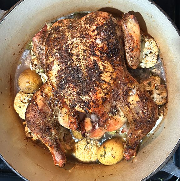 a whole chicken roasted on top of braised potatoes and cauliflower