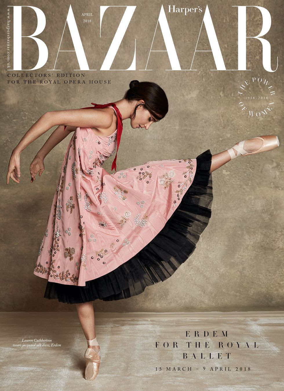Royal Ballet principal dancer Lauren Cuthbertson wearing Erdem's designs for the Royal Ballet on the cover of Harper's Bazaar 
