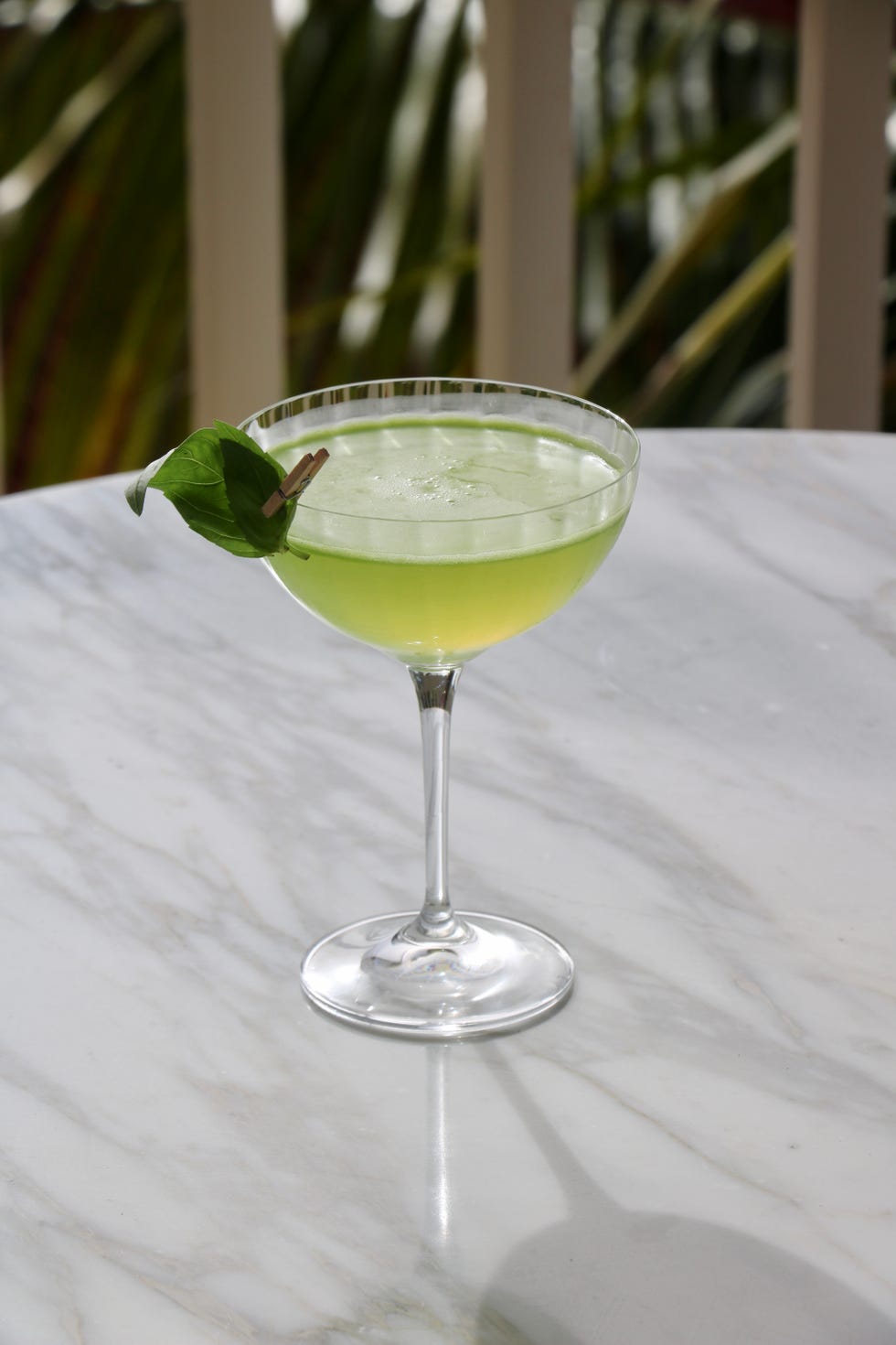 a glass of yellow liquid with a green leaf on top