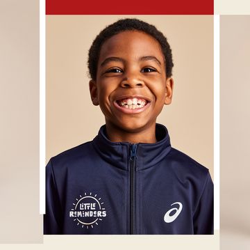 collage of a young boy in a navy asics tracksuit, smiling and jumping