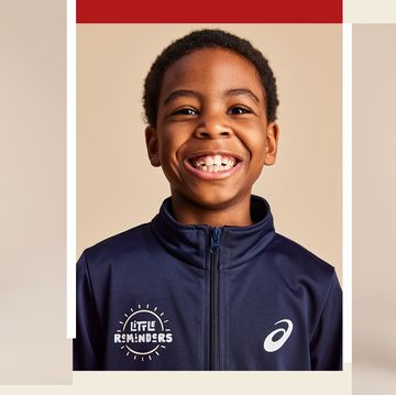 collage of a young boy in a navy asics tracksuit, smiling and jumping