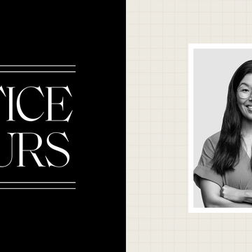 a split photo where the left side has the logo for office hours and the right side shows a black and white photo of ai jen poo smiling with her arms crossed