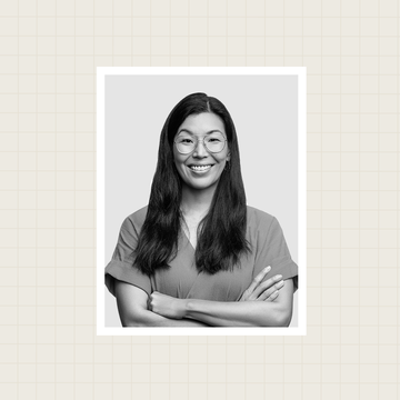 a split photo where the left side has the logo for office hours and the right side shows a black and white photo of ai jen poo smiling with her arms crossed
