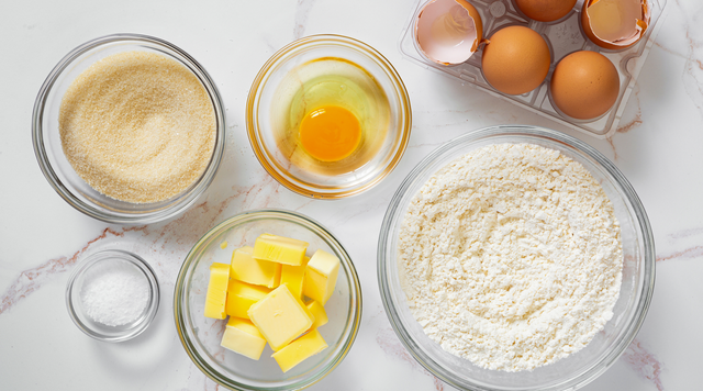 overhead view of basic raw baking ingredients to incude eggs, sugar, flour, butter, salt, on a marble surface