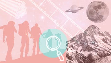 pink toned collage of a family walking with an image of a mountain and space