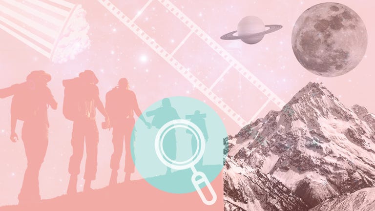 pink toned collage of a family walking with an image of a mountain and space