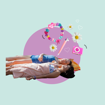 a collage of two teenagers lying on their back surrounded by a friendship bracelet and daisies