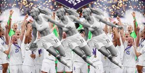 a collage of the england womens football team with the iconic moment chloe kelly took her shirt off after a goal was scored during a big match