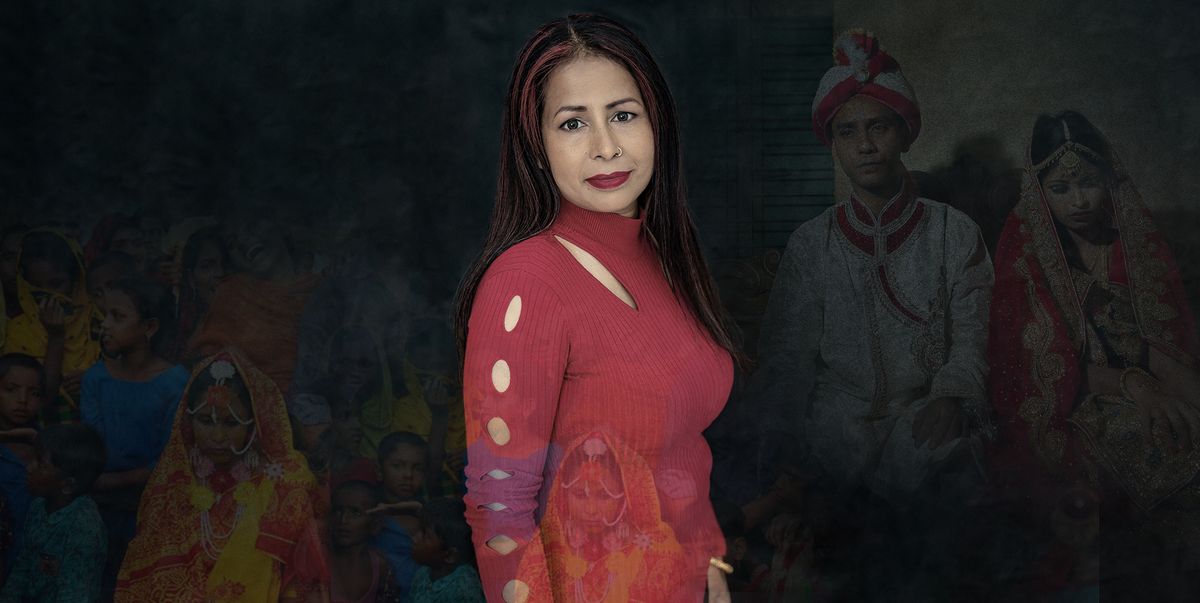 aklima bibi a woman who helps rescue women and girls from forced marriages poses in a red top and she has red streaks in her hair