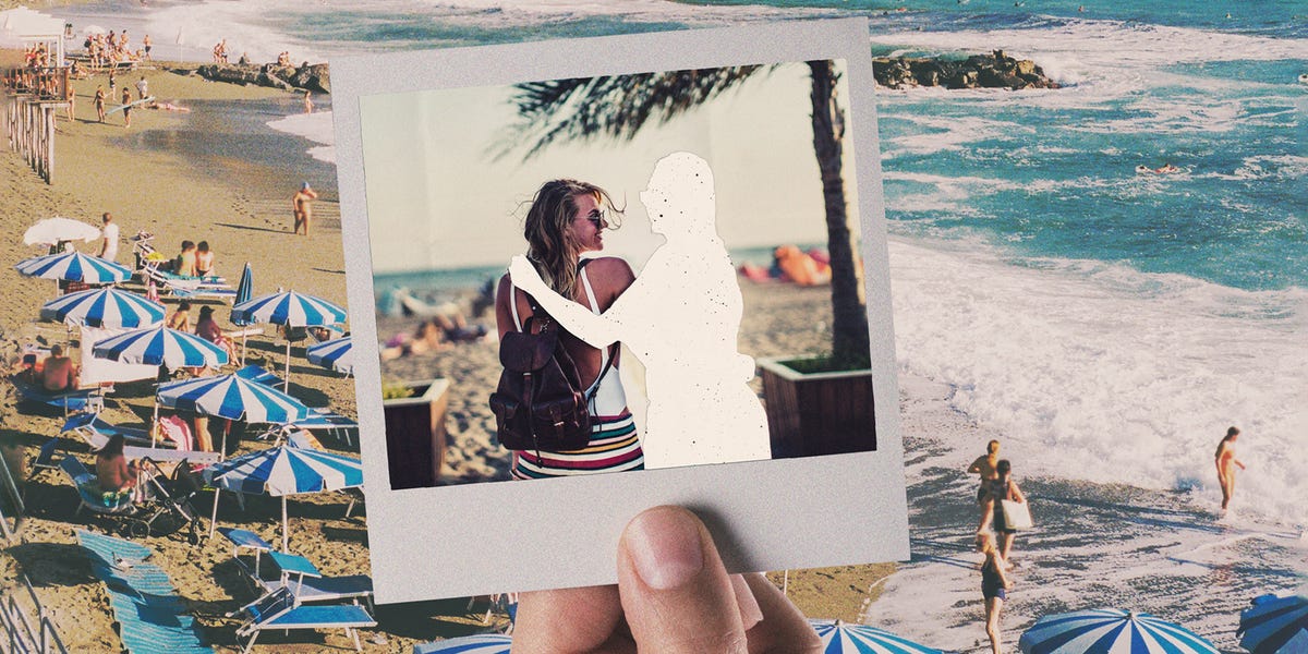 polaroid picture with missing figure against a beach backdrop polaroid picture with missing figure against a beach backdrop