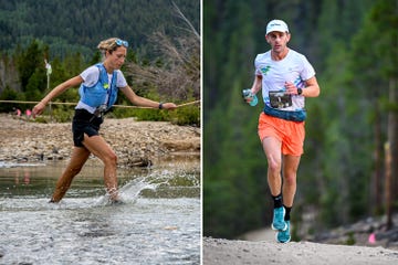 a composite image of two runners in a trail race