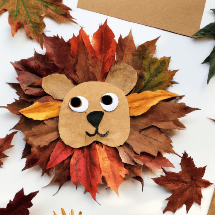 leaf crafts, diy lion made out of leaves