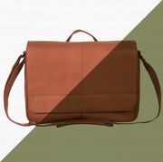 reaction brown leather messenger bag against green and white background