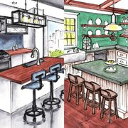 Room, Furniture, Interior design, Building, Table, Kitchen, House, Illustration, Sketch, Drawing, 