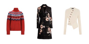 collection of three womens garments including a patterned sweater a floral coat and a ribbed cardigan