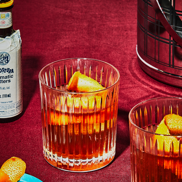 old fashioned cocktail with rye or bourbon, 
angostura bitters and sugar cube