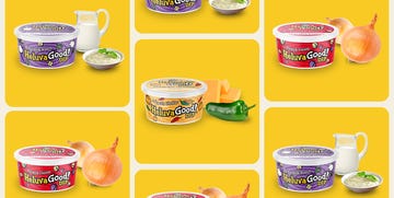 display of various heluva good dip flavors and ingredients on a yellow background