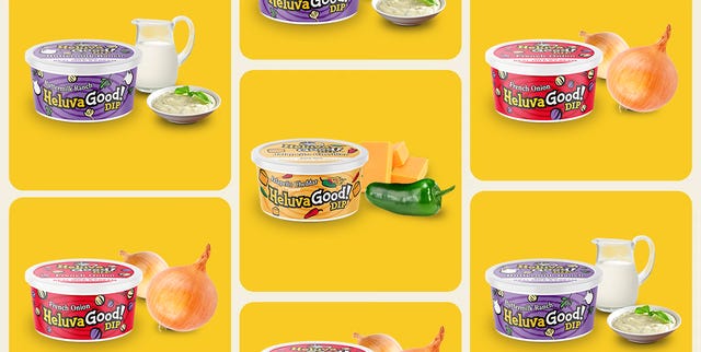 display of various heluva good dip flavors and ingredients on a yellow background
