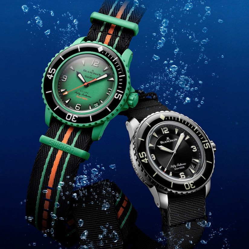 the new blancpain x swatch bioceramic scuba fifty fathoms alongside the watch that inspired it