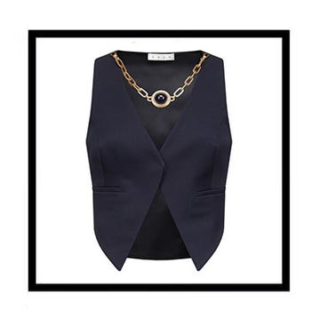 three fashion items displayed in frames a floral sweater a vest with a chain necklace and a white blazer three fashion items displayed in frames a floral sweater a vest with a chain necklace and a white blazer