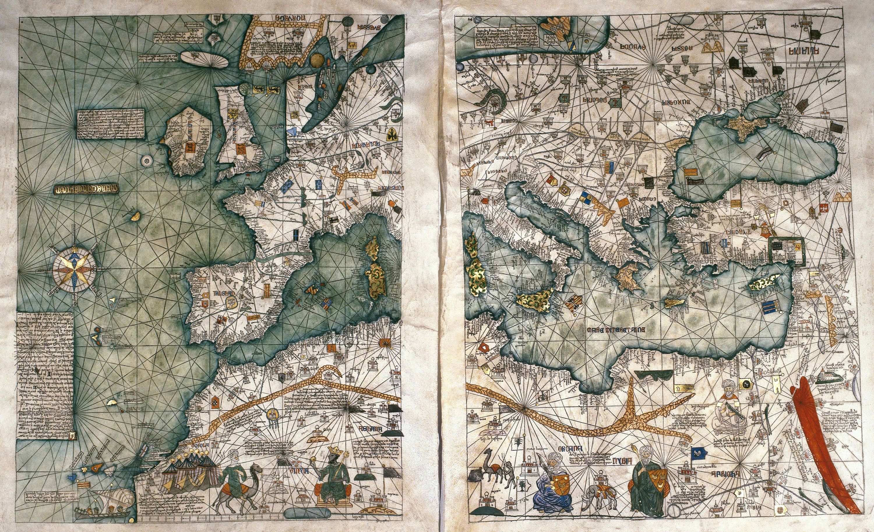 Old Catalan Atlas 1375 Europe Mediterranean Sea and Middle East - VINTAGE  MAPS AND PRINTS