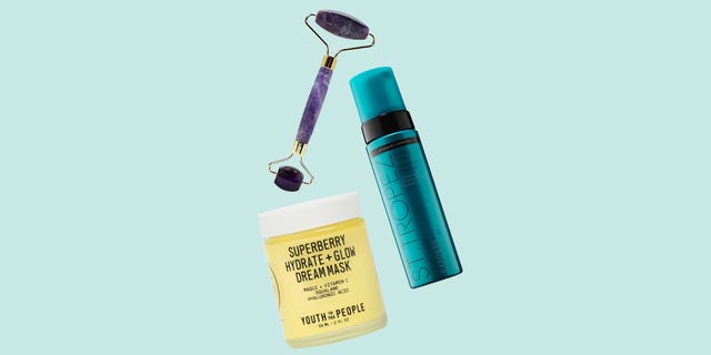skincare products and a facial roller