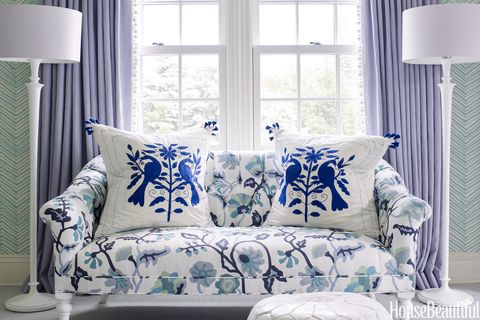 Blue, Furniture, Couch, Living room, Blue and white porcelain, Room, Curtain, Interior design, Pillow, Cushion, 