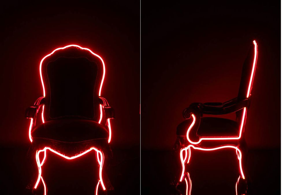 Neon, Red, Light, Neon sign, Signage, Font, Electronic signage, Chair, Heat, Furniture, 