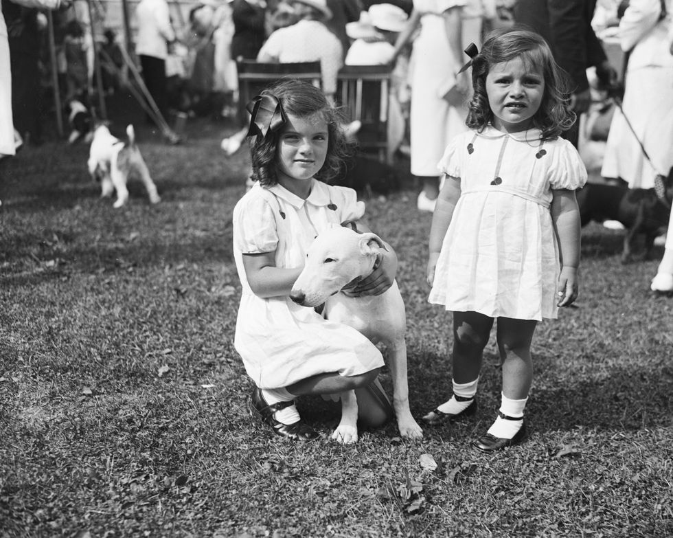 jacqueline, 6 years old, and lee bouvier play with and pet their dog regent, a bull terrier, at a dog show in east hampton, long island